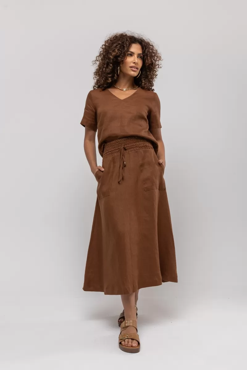 Hidrogênio - BROWN LINEN MIDI FLARE SKIRT - 20384031 Hidrogênio - BROWN LINEN MIDI FLARE SKIRT - 20384031