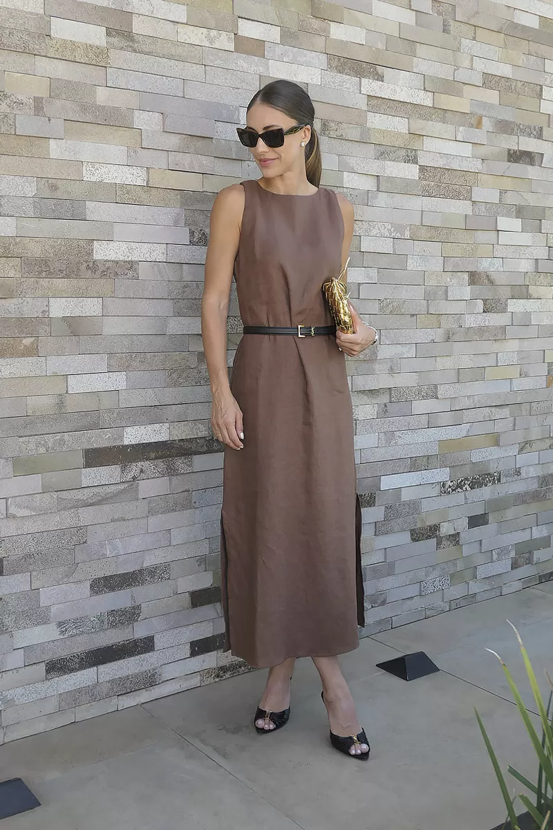 Hidrogênio - BROWN LINEN MIDI DRESS WITH SLIT - 20171031 Hidrogênio - BROWN LINEN MIDI DRESS WITH SLIT - 20171031