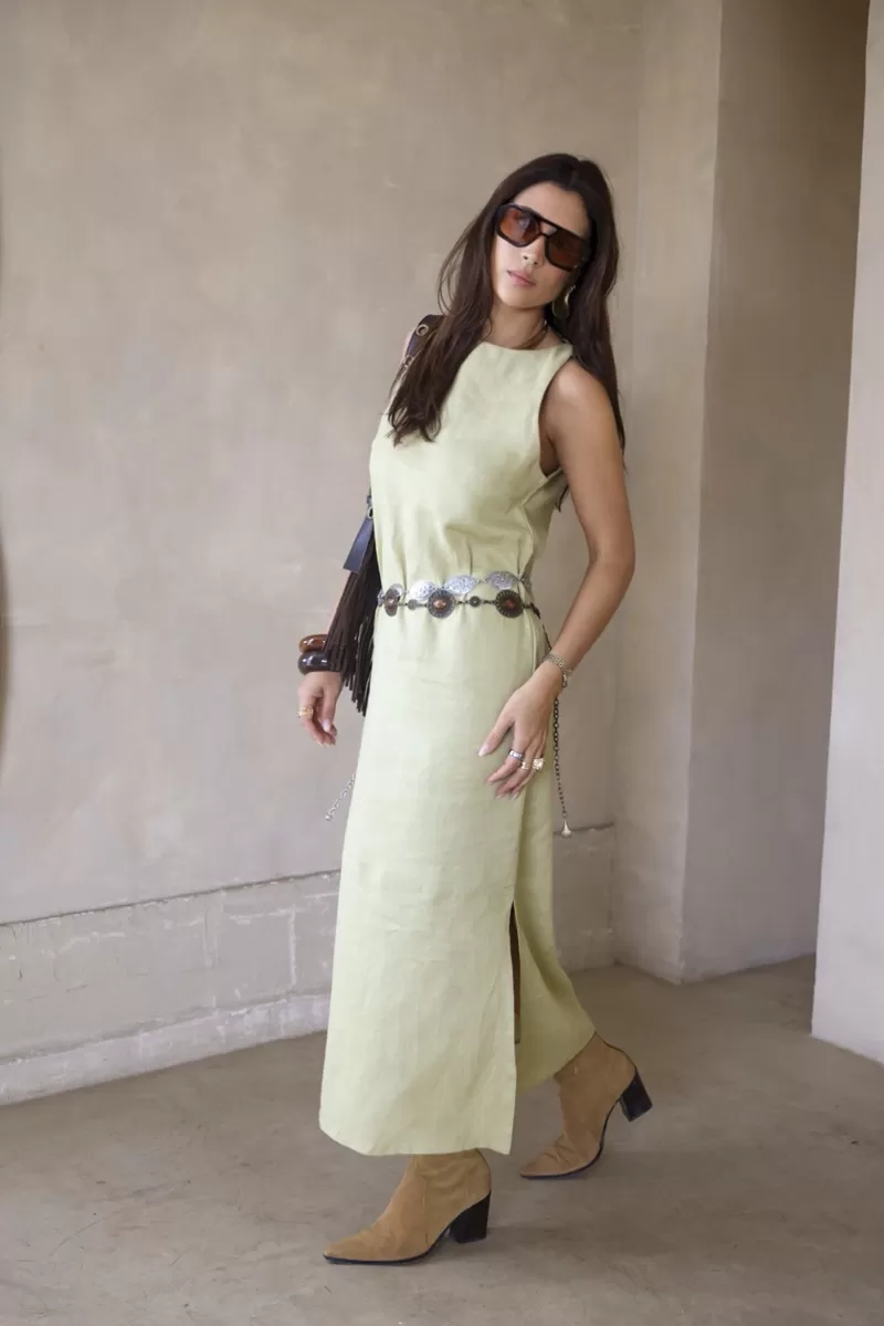 Hidrogênio - LINEN SLIT MIDI DRESS IN GRASS - 20171400 Hidrogênio - LINEN SLIT MIDI DRESS IN GRASS - 20171400