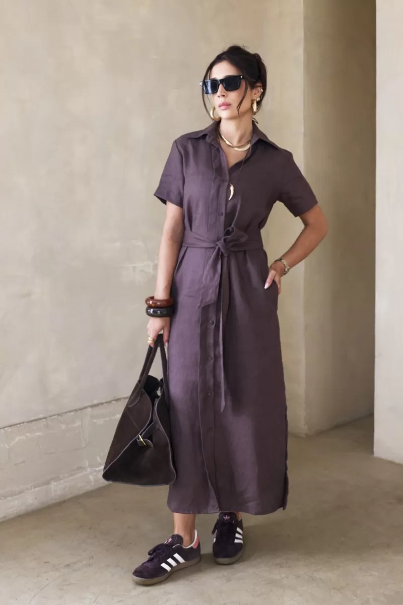 Hidrogênio - DARK BROWN LINEN CHEMISIE DRESS - 20390104 Hidrogênio - DARK BROWN LINEN CHEMISIE DRESS - 20390104