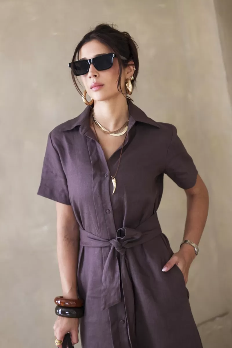 Hidrogênio - DARK BROWN LINEN CHEMISIE DRESS - 20390104 Hidrogênio - DARK BROWN LINEN CHEMISIE DRESS - 20390104