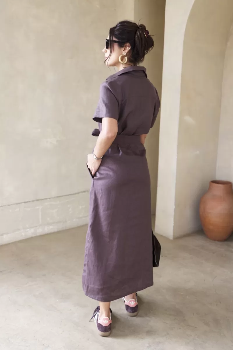 Hidrogênio - DARK BROWN LINEN CHEMISIE DRESS - 20390104 Hidrogênio - DARK BROWN LINEN CHEMISIE DRESS - 20390104