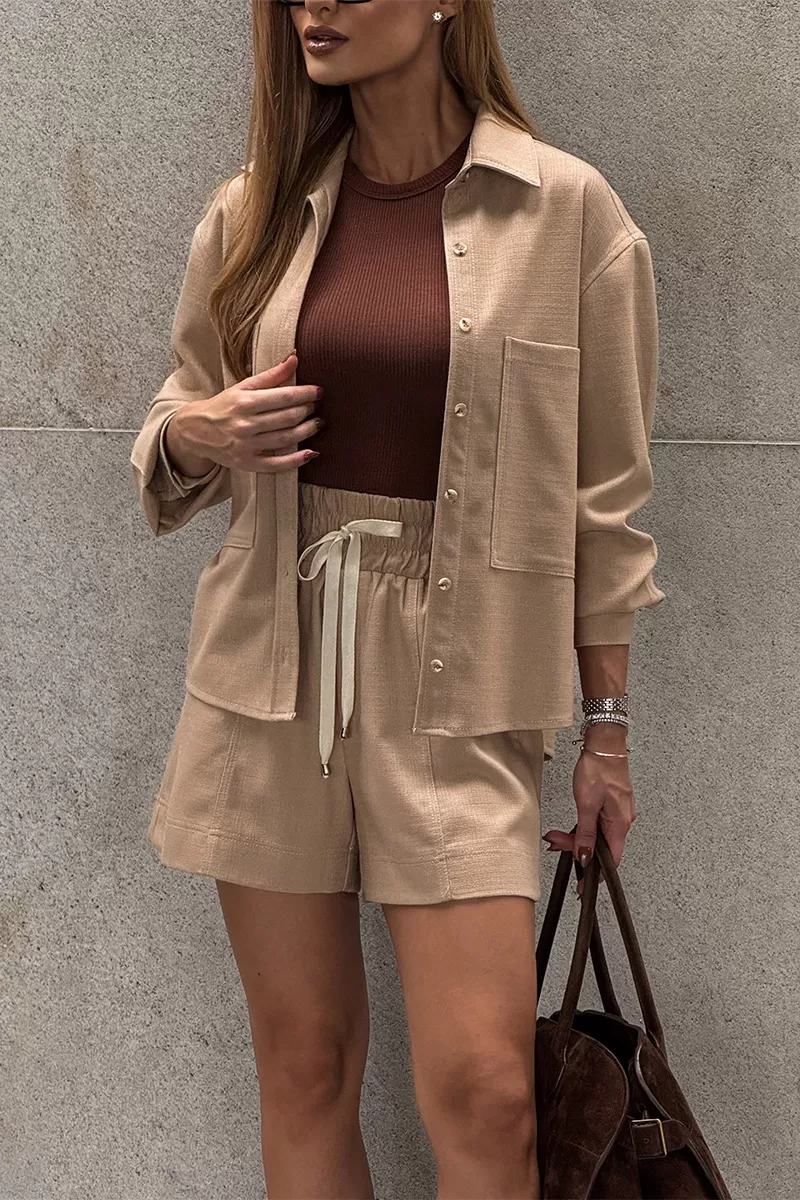 Dot Clothing - Dot Clothing Tiana Shorts and Beige Shirt Set - 2669BEGE Dot Clothing - Dot Clothing Tiana Shorts and Beige Shirt Set - 2669BEGE