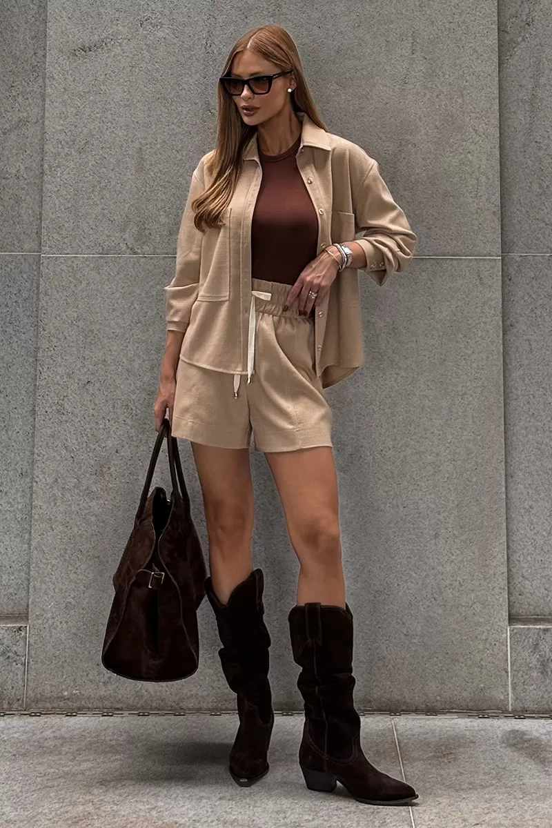 Dot Clothing - Dot Clothing Tiana Shorts and Beige Shirt Set - 2669BEGE Dot Clothing - Dot Clothing Tiana Shorts and Beige Shirt Set - 2669BEGE