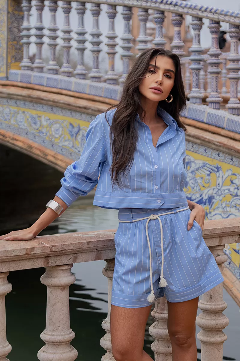 Dot Clothing - Dot Clothing Lucy Blue Striped Shirt and Shorts Set - 2675AZUL Dot Clothing - Dot Clothing Lucy Blue Striped Shirt and Shorts Set - 2675AZUL