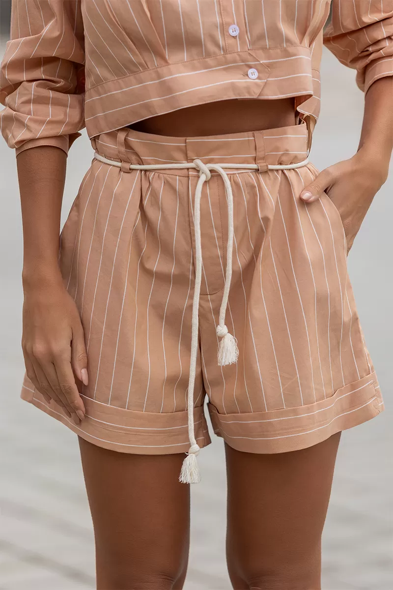 Dot Clothing - Dot Clothing Lucy Set Beige Striped Shirt and Shorts - 2675BEGE Dot Clothing - Dot Clothing Lucy Set Beige Striped Shirt and Shorts - 2675BEGE