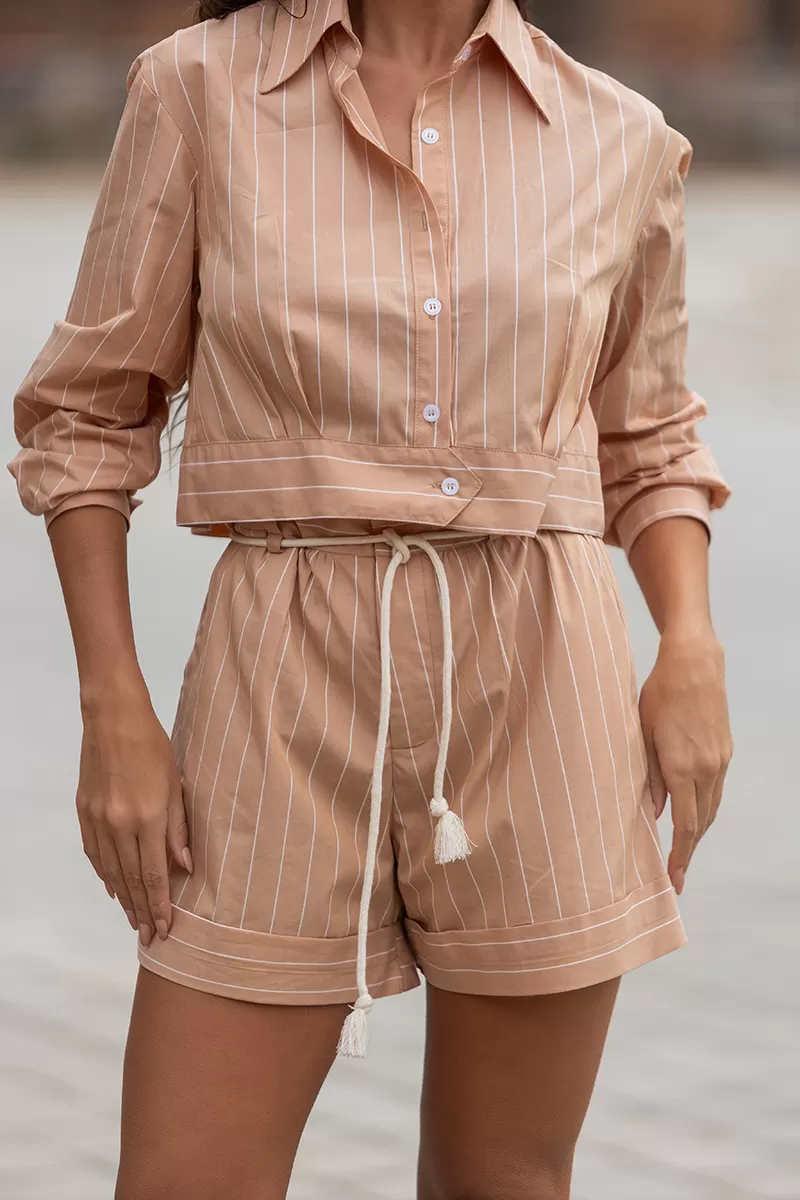 Dot Clothing - Dot Clothing Lucy Set Beige Striped Shirt and Shorts - 2675BEGE Dot Clothing - Dot Clothing Lucy Set Beige Striped Shirt and Shorts - 2675BEGE