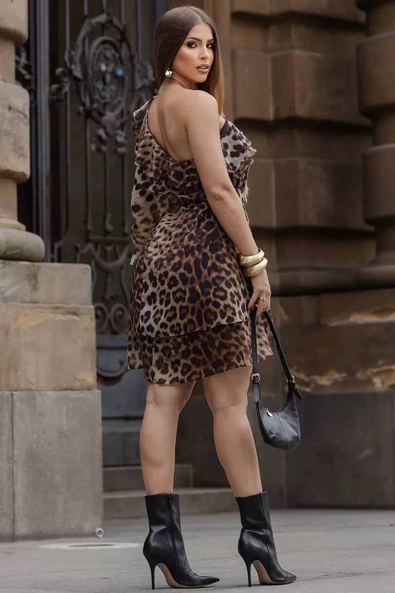Miss Misses - Catarina Crepe Animal Print One Shoulder Dress in Brown - 54541214 Miss Misses - Catarina Crepe Animal Print One Shoulder Dress in Brown - 54541214