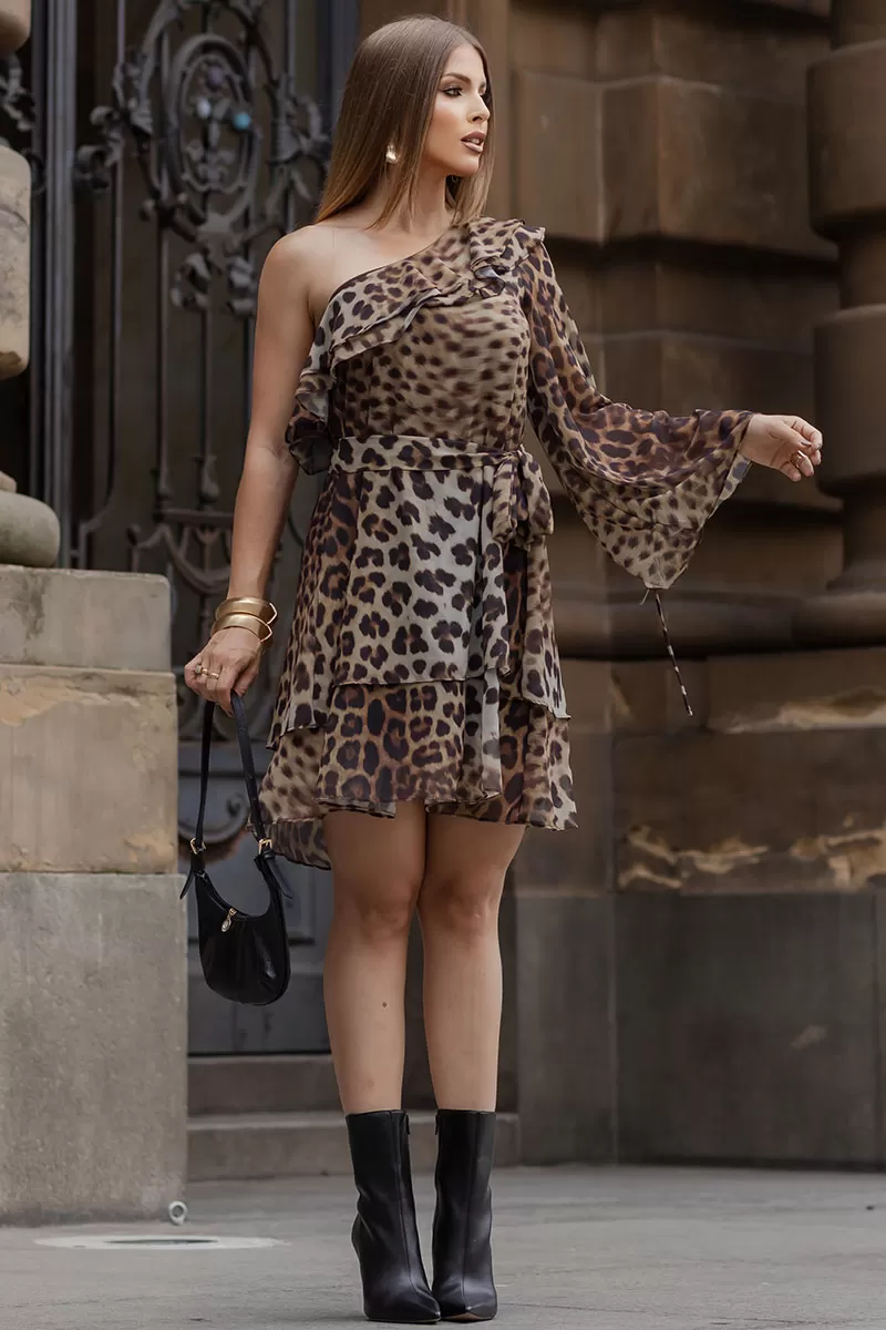 Miss Misses - Catarina Crepe Animal Print One Shoulder Dress in Brown - 54541214 Miss Misses - Catarina Crepe Animal Print One Shoulder Dress in Brown - 54541214