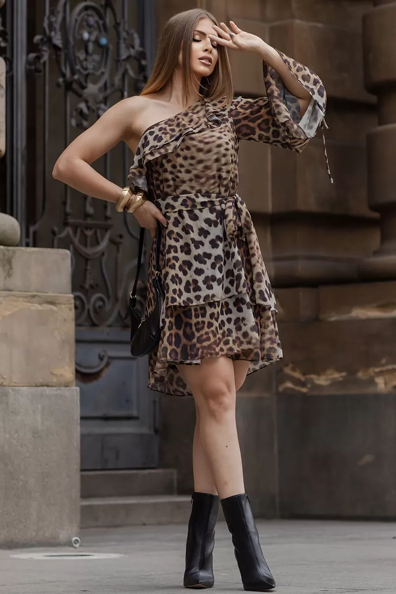 Miss Misses - Catarina Crepe Animal Print One Shoulder Dress in Brown - 54541214 Miss Misses - Catarina Crepe Animal Print One Shoulder Dress in Brown - 54541214