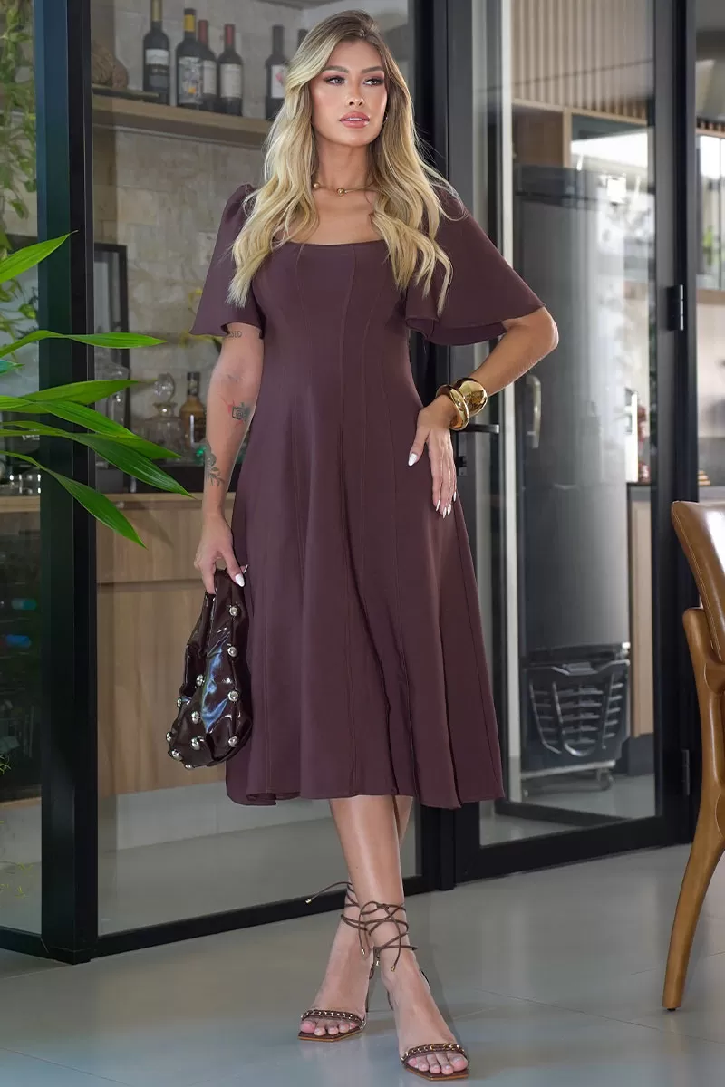 Miss Misses - Victoria Dress with Bell Sleeves and Zipper in Brown Back - 54540214