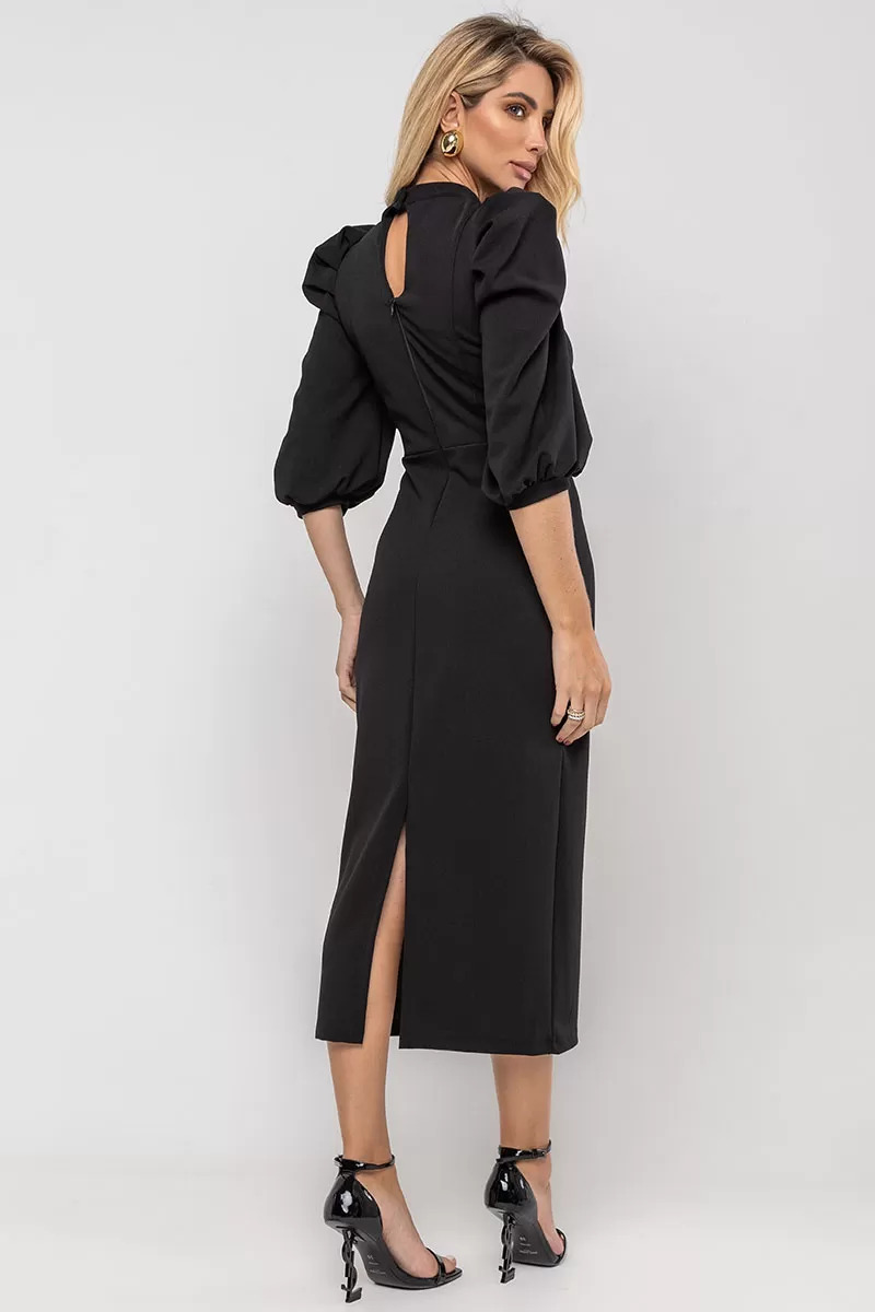 Miss Misses - Diana Midi Dress 3/4 Sleeve EC/Back Zipper Black - 54524001 Miss Misses - Diana Midi Dress 3/4 Sleeve EC/Back Zipper Black - 54524001