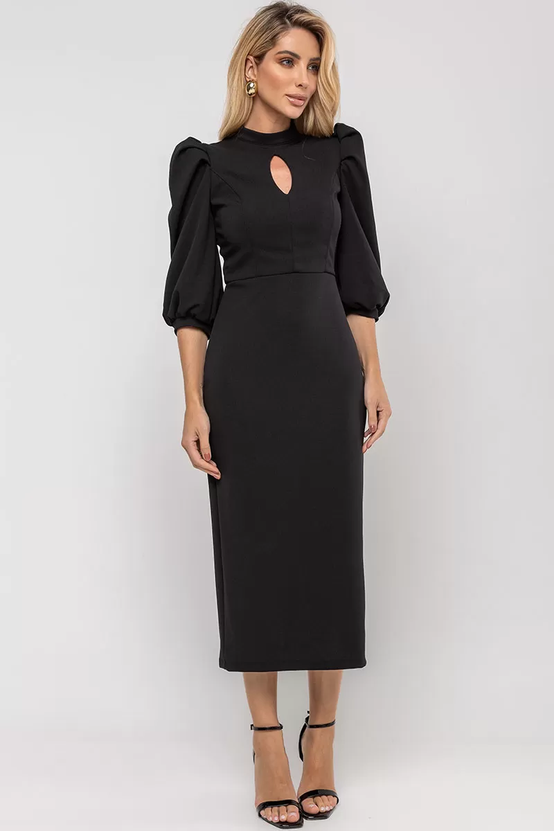 Miss Misses - Diana Midi Dress 3/4 Sleeve EC/Back Zipper Black - 54524001