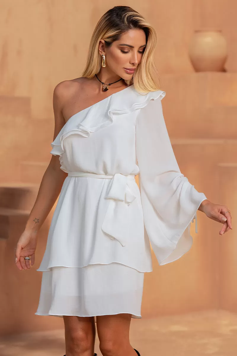 Miss Misses - Betânia Crepe One Shoulder Dress with White Frill - 54535005 Miss Misses - Betânia Crepe One Shoulder Dress with White Frill - 54535005