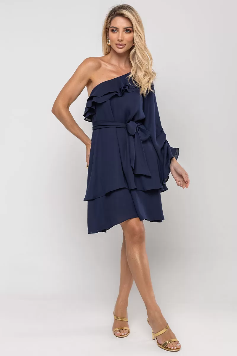 Miss Misses - Betânia Crepe One Shoulder Dress with Frill Navy Blue - 54535004