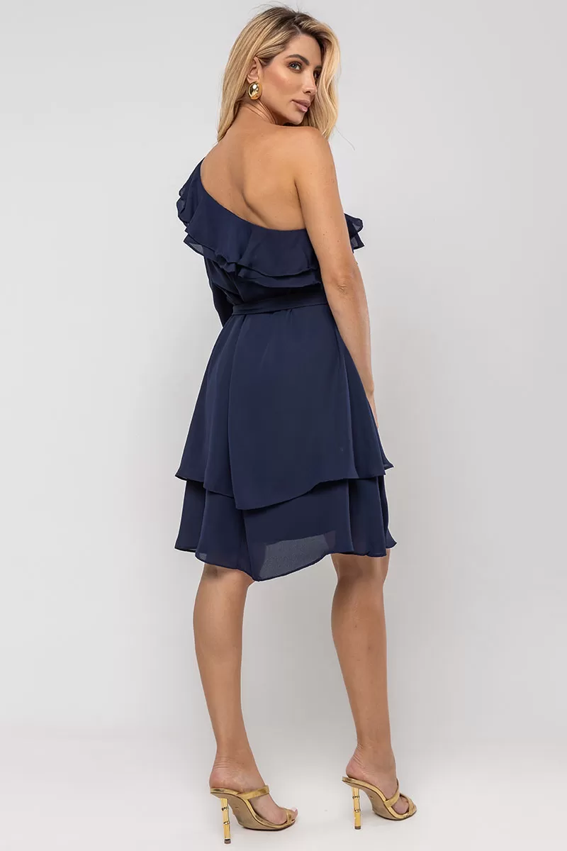 Miss Misses - Betânia Crepe One Shoulder Dress with Frill Navy Blue - 54535004
