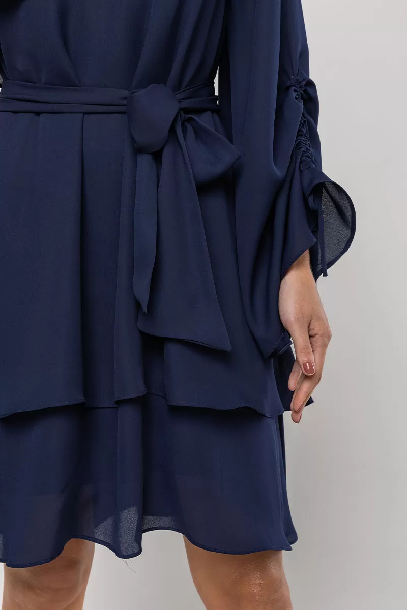 Miss Misses - Betânia Crepe One Shoulder Dress with Frill Navy Blue - 54535004