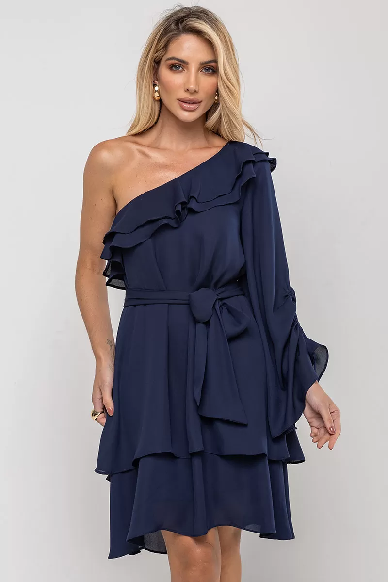 Miss Misses - Betânia Crepe One Shoulder Dress with Frill Navy Blue - 54535004