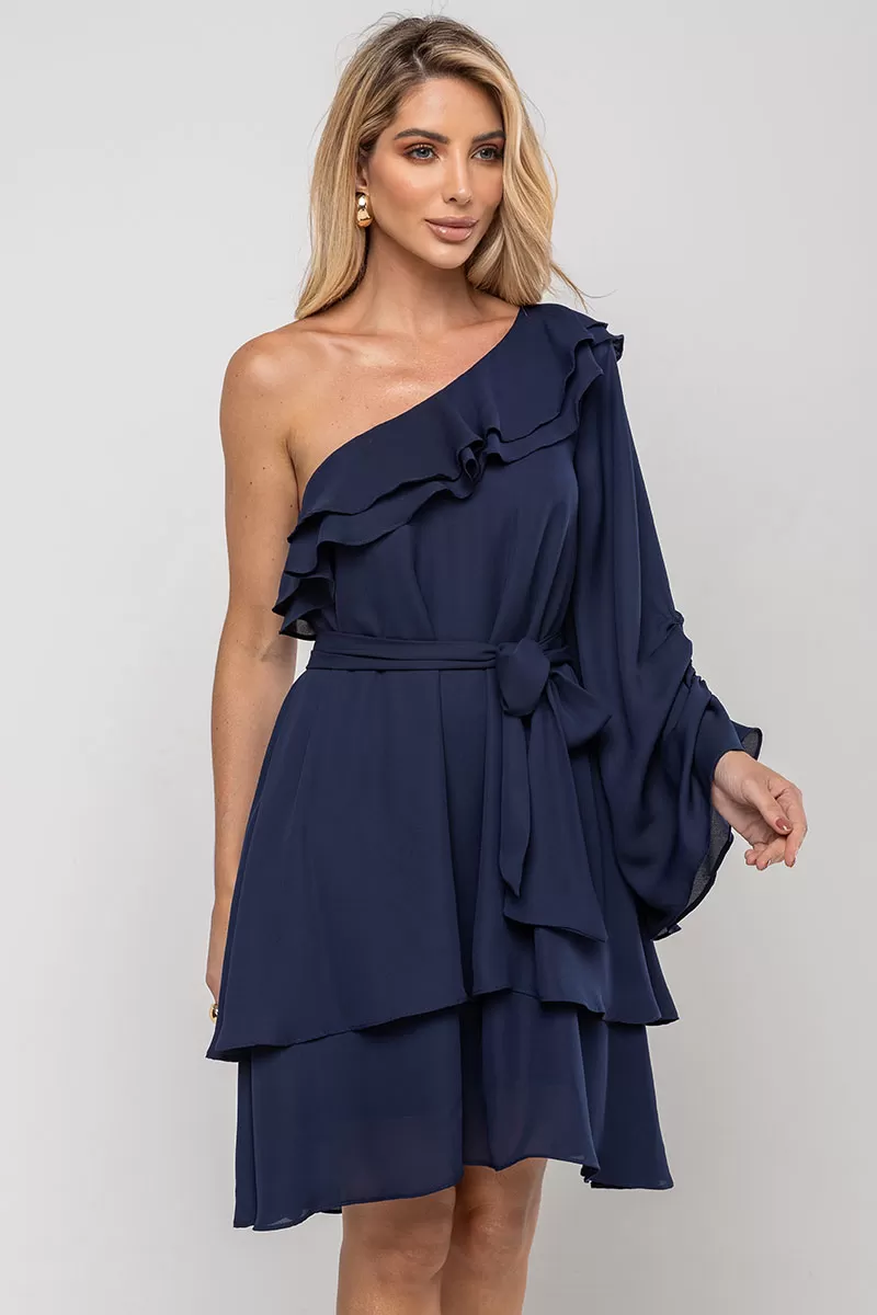 Miss Misses - Betânia Crepe One Shoulder Dress with Frill Navy Blue - 54535004