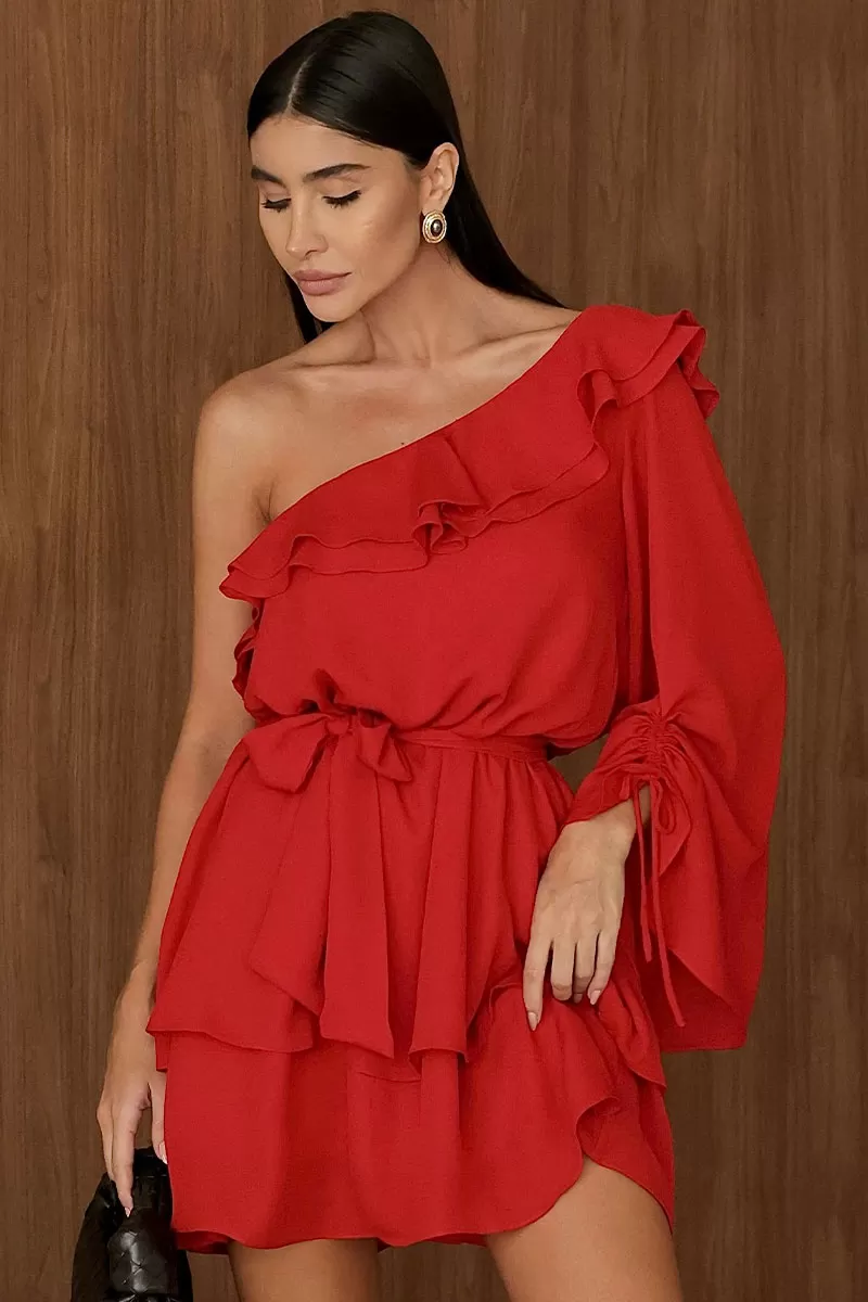 Miss Misses - Betânia Crepe One Shoulder Dress with Frill in Red - 54535024