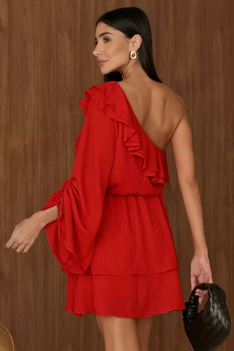 Miss Misses - Betânia Crepe One Shoulder Dress with Frill in Red - 54535024 Miss Misses - Betânia Crepe One Shoulder Dress with Frill in Red - 54535024