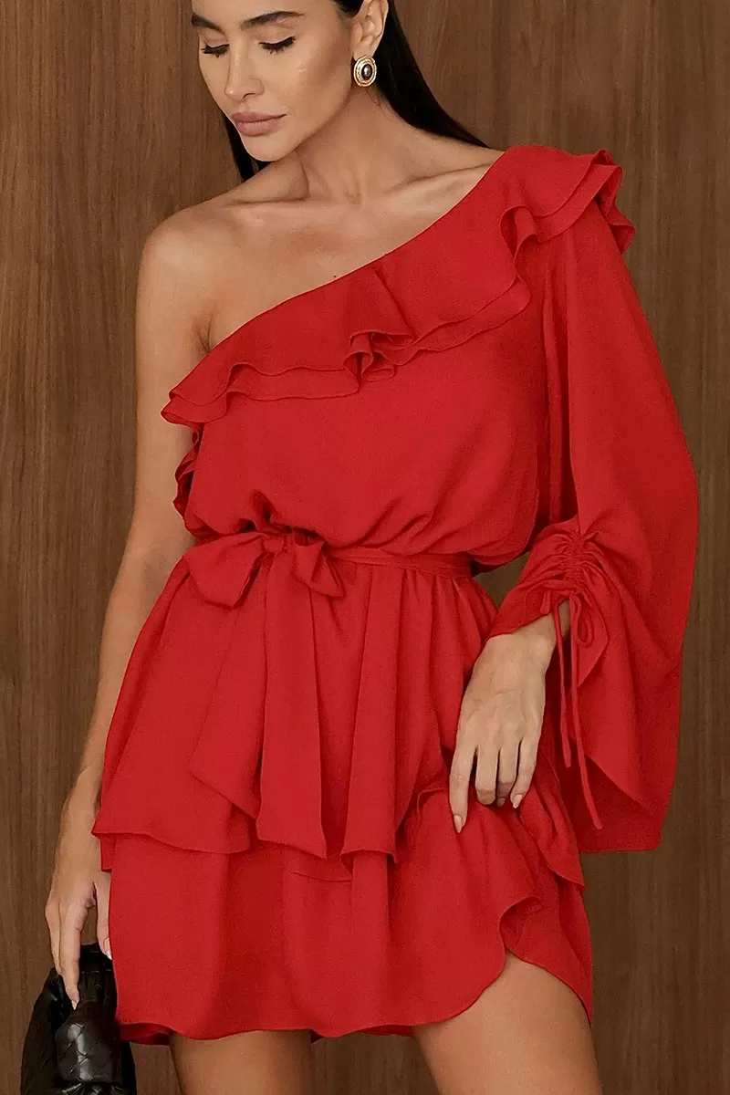 Miss Misses - Betânia Crepe One Shoulder Dress with Frill in Red - 54535024 Miss Misses - Betânia Crepe One Shoulder Dress with Frill in Red - 54535024