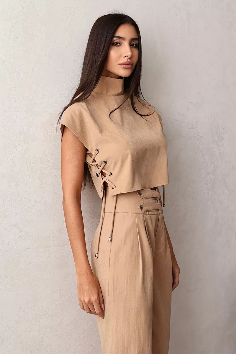Dot Clothing - Dot Clothing Set Shirt and Pants Eyelets Beige - 2668BEGE