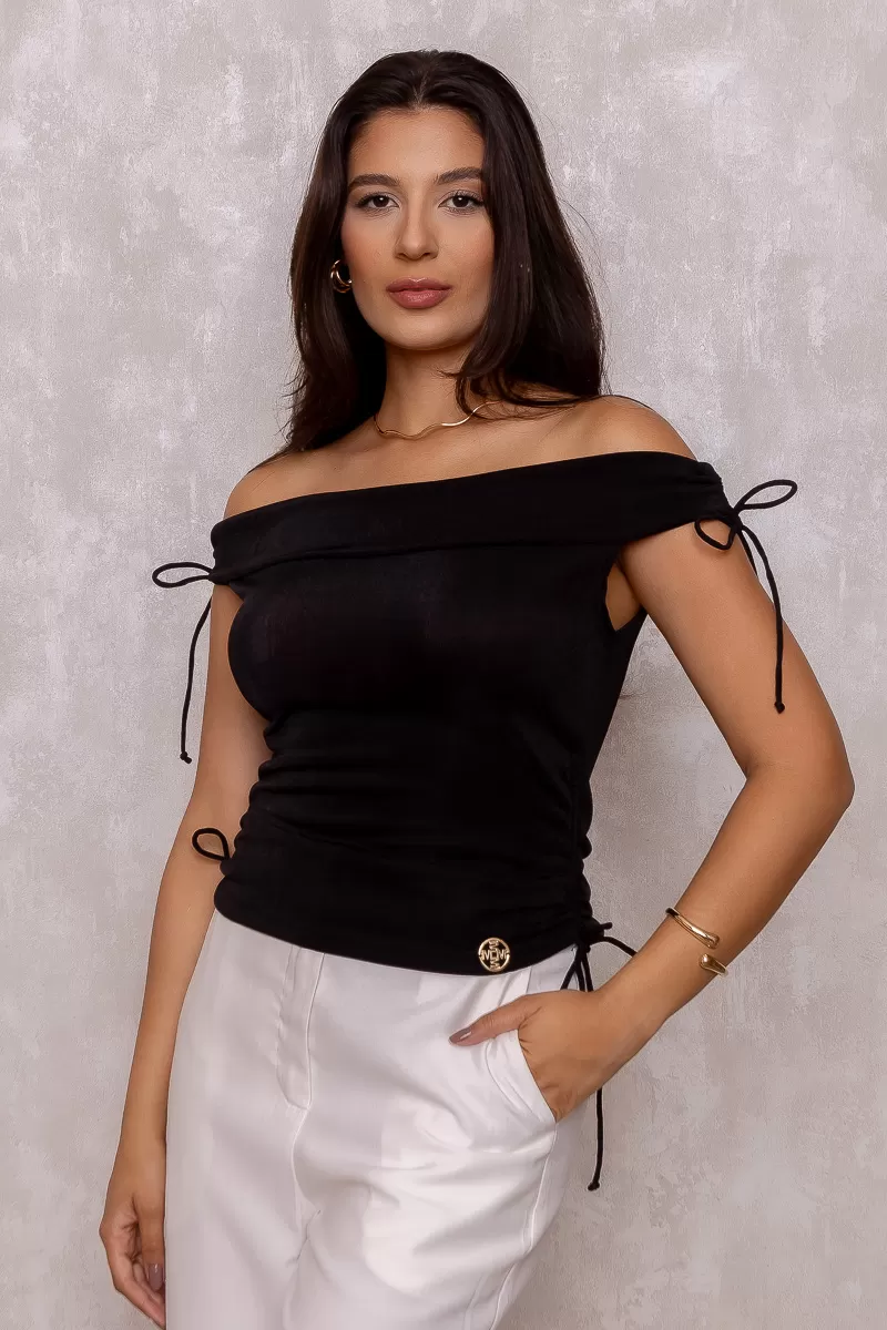 Miss Misses - Miss Misses Off-the-Shoulder Black Shirt - 50278PRETO