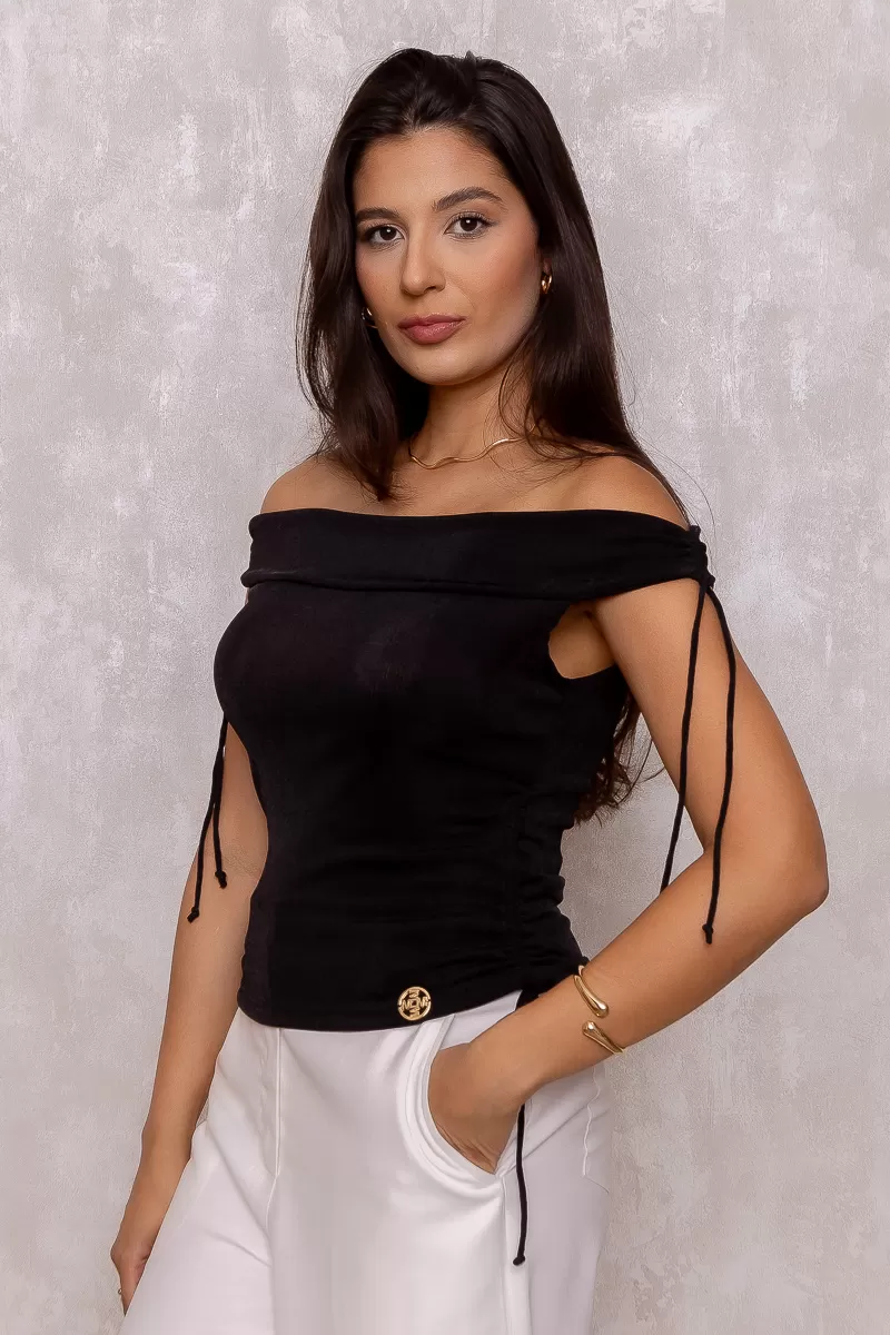 Miss Misses - Miss Misses Off-the-Shoulder Black Shirt - 50278PRETO