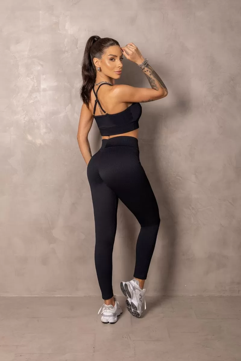 Hipkini - Black Ribbed Runner Leggings with Rubberized Label - 33331099