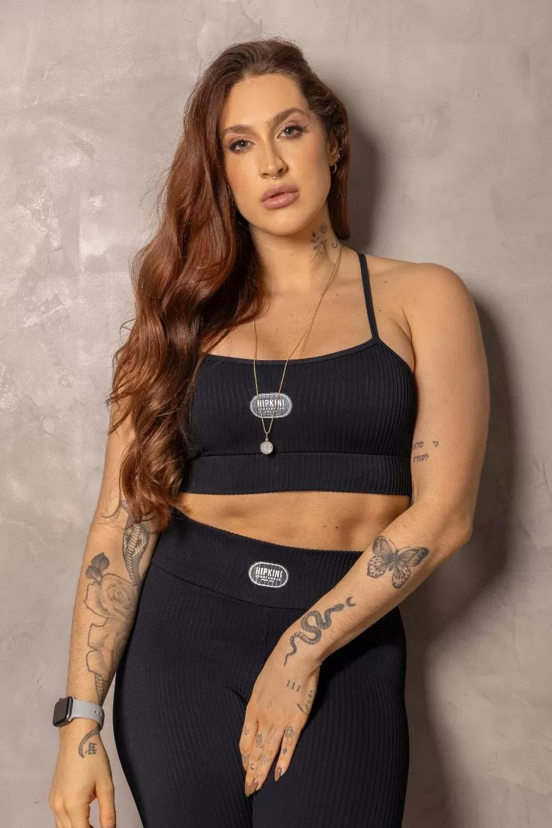 Hipkini - Black Ribbed Runner Leggings with Rubberized Label - 33331099