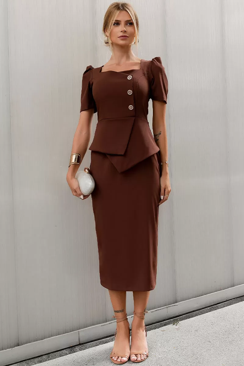 Miss Misses - Esther Midi Dress with Brown Buttons - 54523214 Miss Misses - Esther Midi Dress with Brown Buttons - 54523214