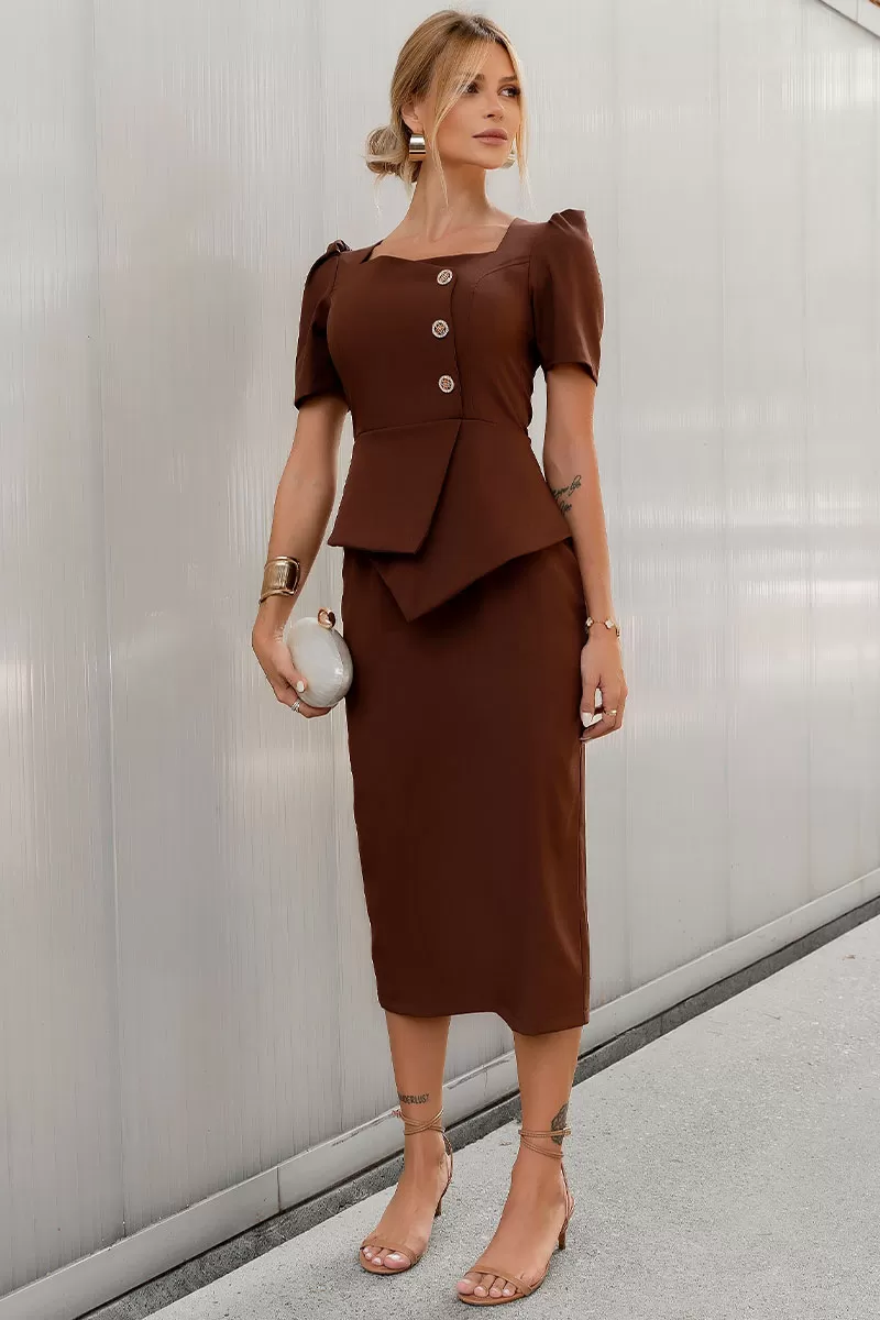 Miss Misses - Esther Midi Dress with Brown Buttons - 54523214 Miss Misses - Esther Midi Dress with Brown Buttons - 54523214