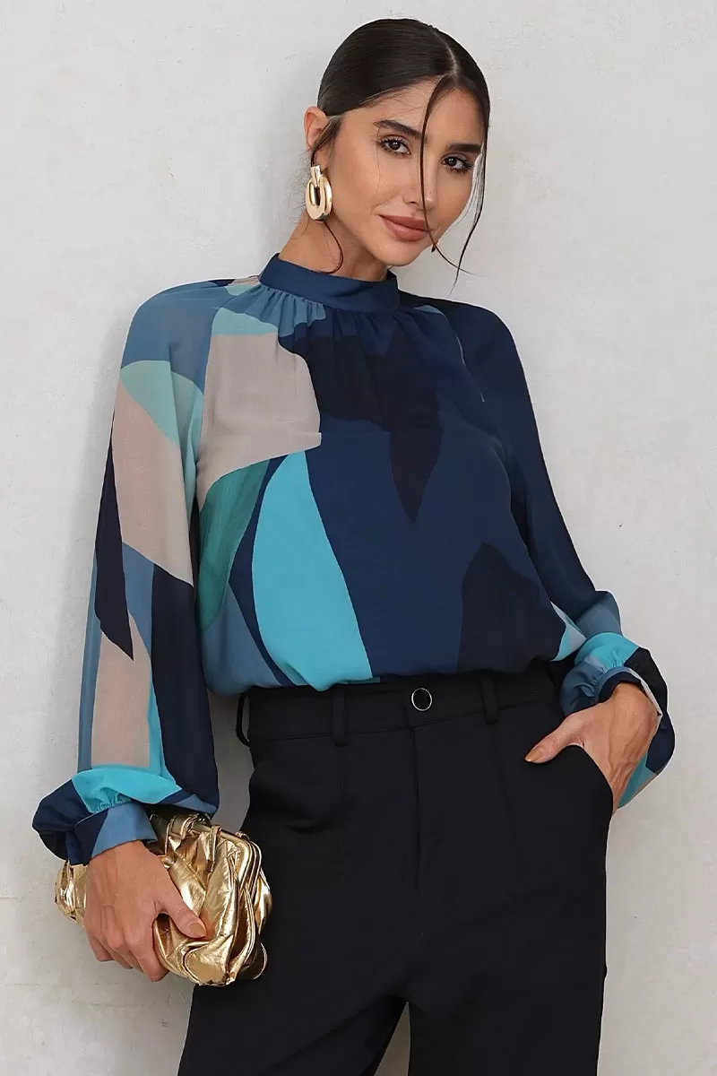 Miss Misses - Carla Shirt with Ruffled Collar and Long Sleeves in Blue - 54544002