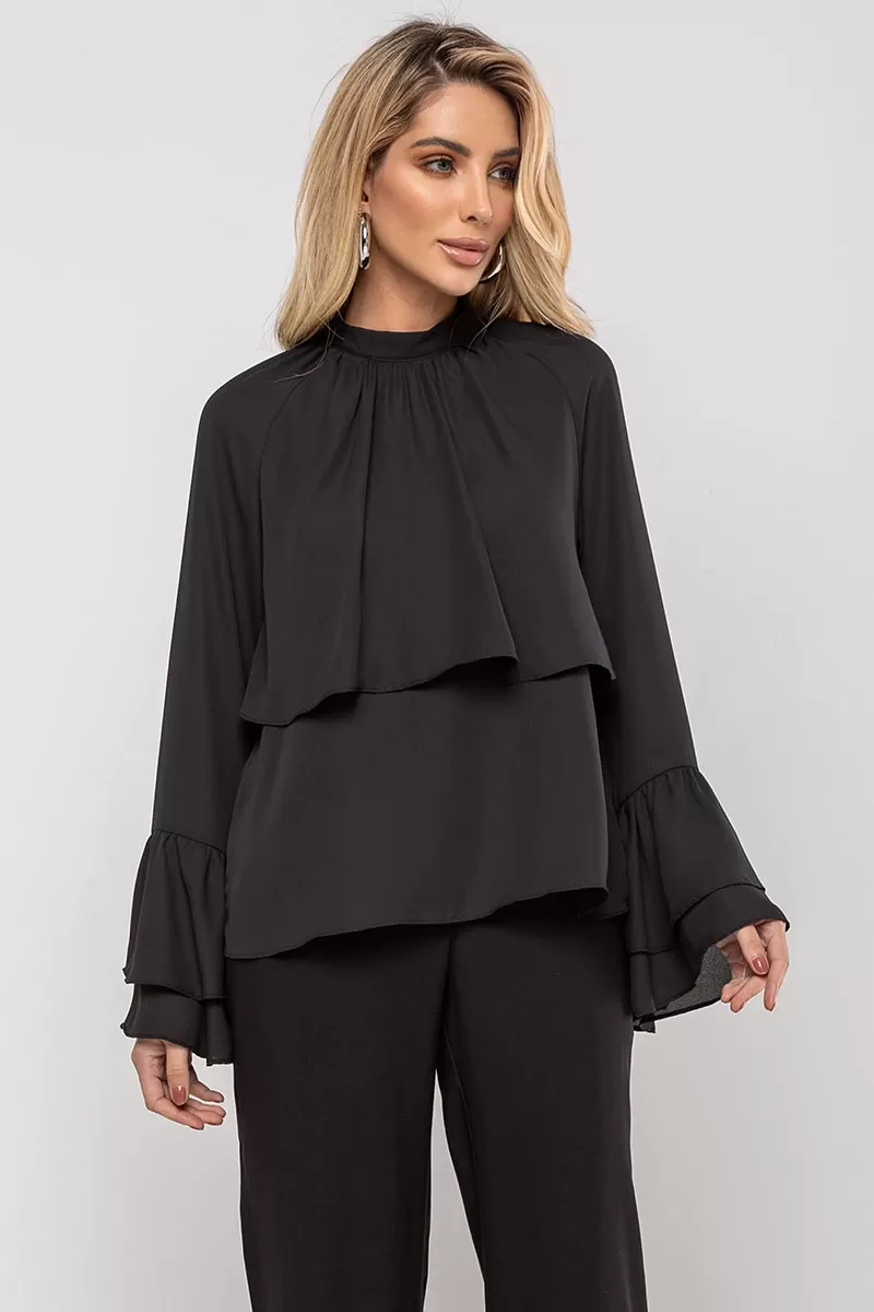 Miss Misses - Andressa Long Sleeve Shirt with Black Cape Detail - 54555001 Miss Misses - Andressa Long Sleeve Shirt with Black Cape Detail - 54555001