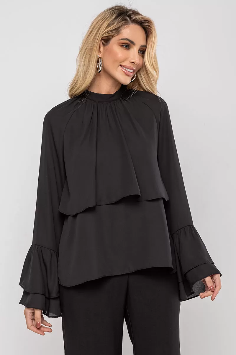 Miss Misses - Andressa Long Sleeve Shirt with Black Cape Detail - 54555001 Miss Misses - Andressa Long Sleeve Shirt with Black Cape Detail - 54555001