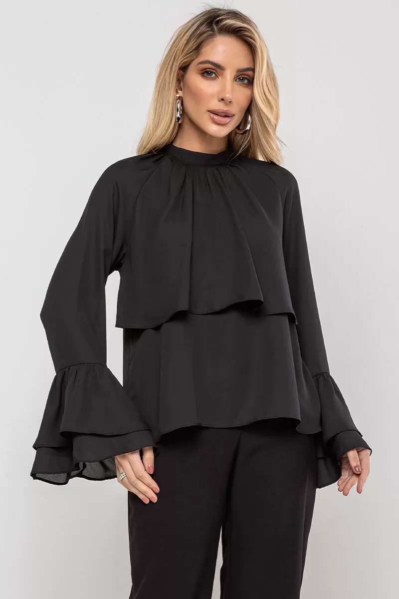 Miss Misses - Andressa Long Sleeve Shirt with Black Cape Detail - 54555001