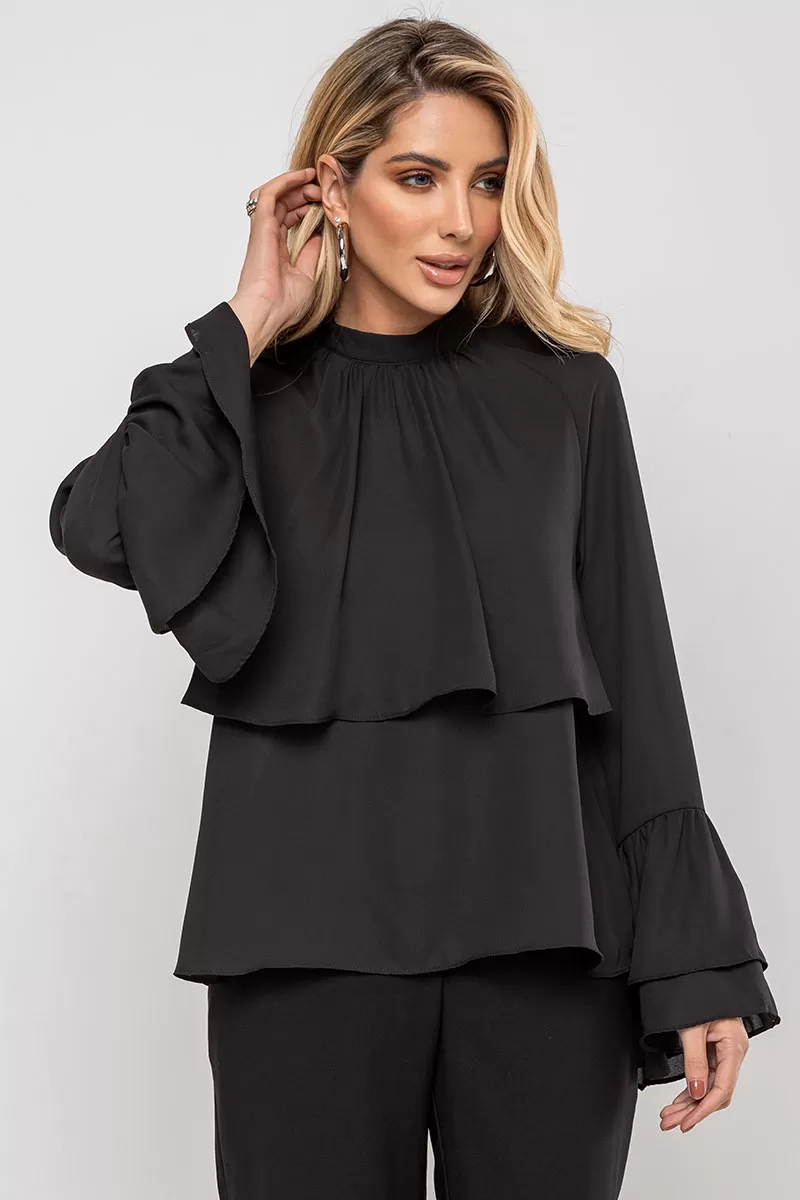 Miss Misses - Andressa Long Sleeve Shirt with Black Cape Detail - 54555001 Miss Misses - Andressa Long Sleeve Shirt with Black Cape Detail - 54555001