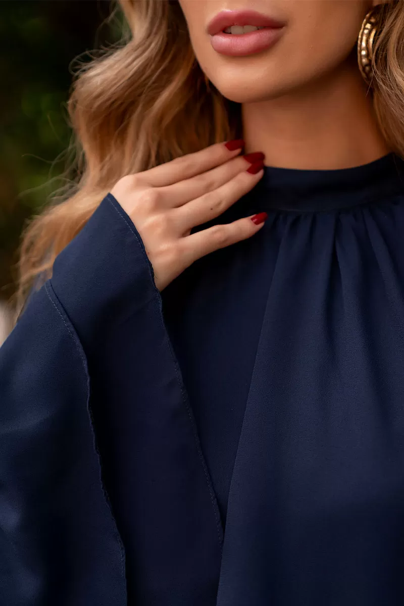 Miss Misses - Andressa Long Sleeve Shirt with Cape Detail Navy Blue - 54555004 Miss Misses - Andressa Long Sleeve Shirt with Cape Detail Navy Blue - 54555004
