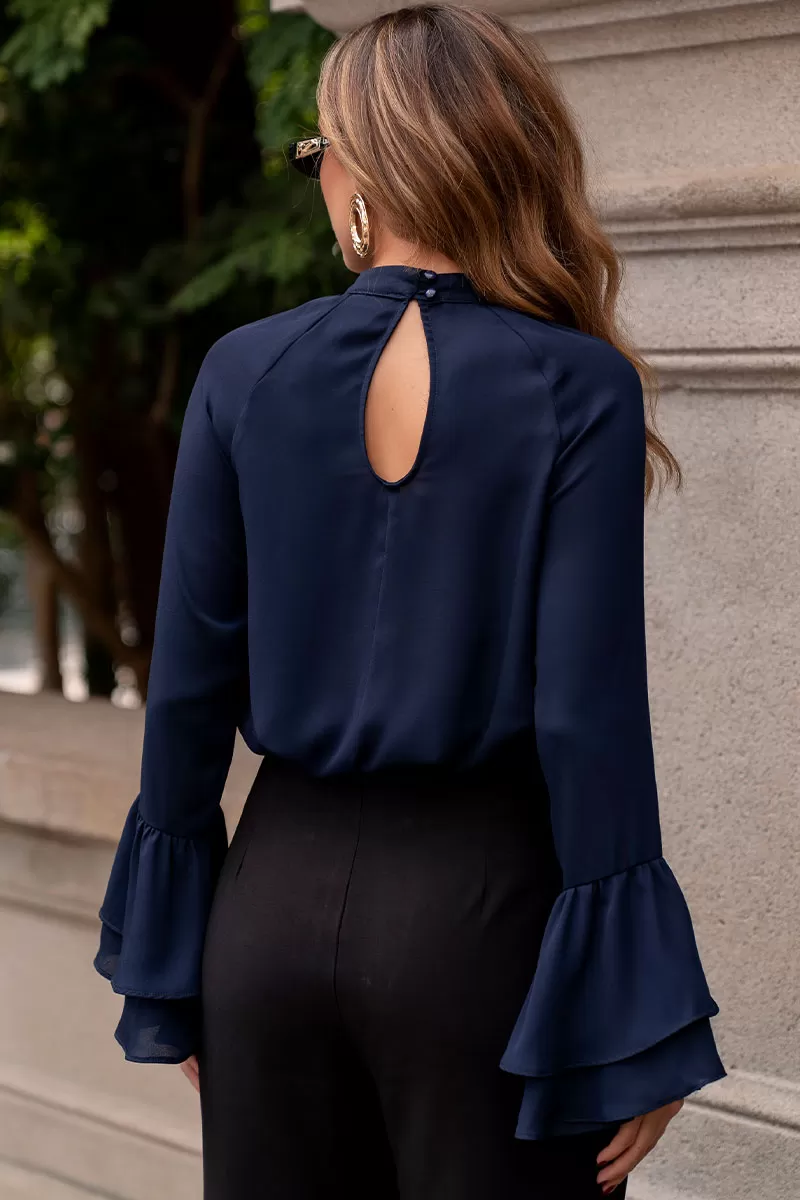 Miss Misses - Andressa Long Sleeve Shirt with Cape Detail Navy Blue - 54555004 Miss Misses - Andressa Long Sleeve Shirt with Cape Detail Navy Blue - 54555004