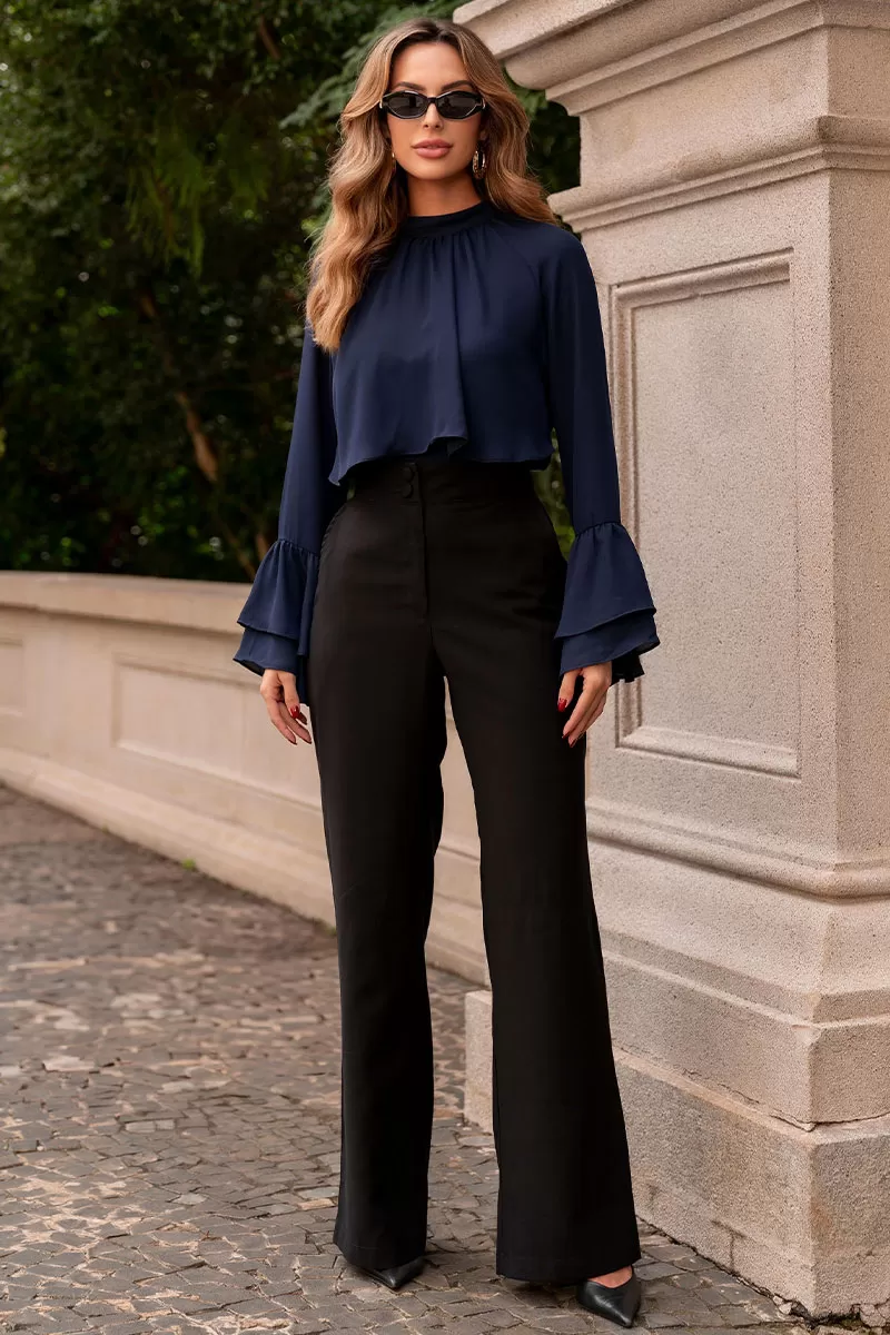 Miss Misses - Andressa Long Sleeve Shirt with Cape Detail Navy Blue - 54555004 Miss Misses - Andressa Long Sleeve Shirt with Cape Detail Navy Blue - 54555004