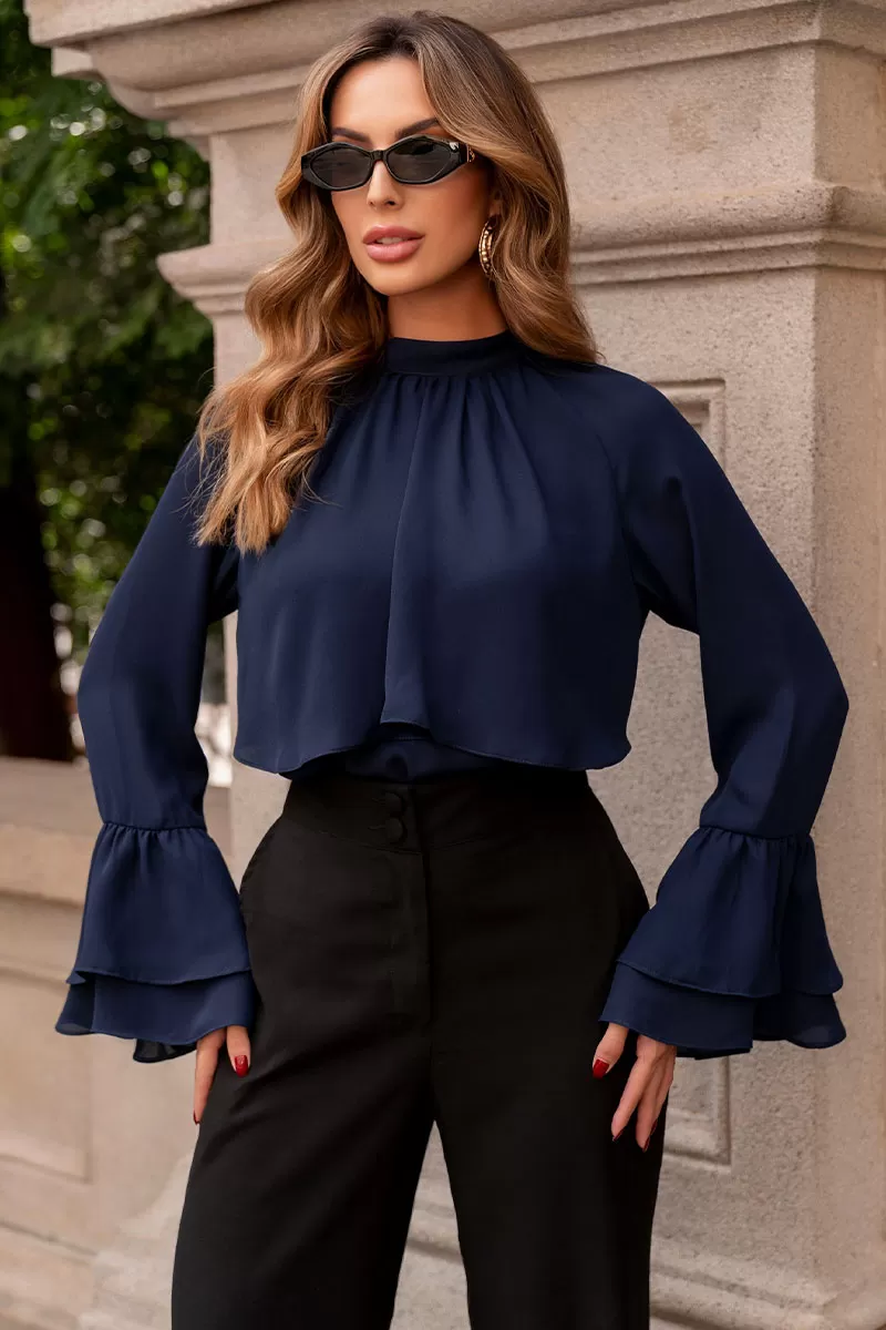 Miss Misses - Andressa Long Sleeve Shirt with Cape Detail Navy Blue - 54555004 Miss Misses - Andressa Long Sleeve Shirt with Cape Detail Navy Blue - 54555004