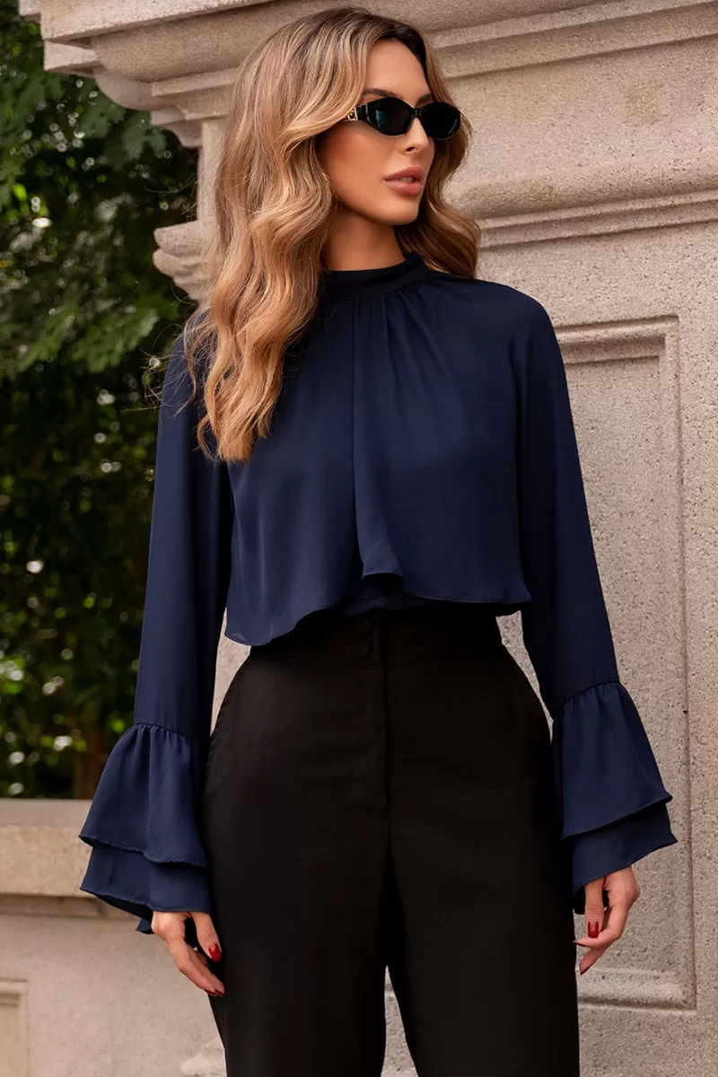 Miss Misses - Andressa Long Sleeve Shirt with Cape Detail Navy Blue - 54555004 Miss Misses - Andressa Long Sleeve Shirt with Cape Detail Navy Blue - 54555004