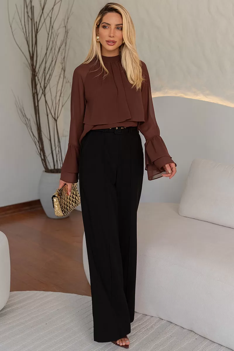 Miss Misses - Andressa Long Sleeve Shirt with Brown Cape Detail - 54555214 Miss Misses - Andressa Long Sleeve Shirt with Brown Cape Detail - 54555214