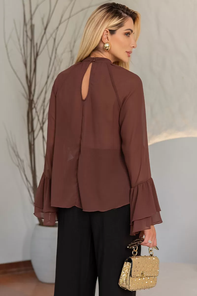 Miss Misses - Andressa Long Sleeve Shirt with Brown Cape Detail - 54555214 Miss Misses - Andressa Long Sleeve Shirt with Brown Cape Detail - 54555214
