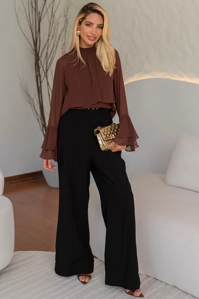 Miss Misses - Andressa Long Sleeve Shirt with Brown Cape Detail - 54555214 Miss Misses - Andressa Long Sleeve Shirt with Brown Cape Detail - 54555214