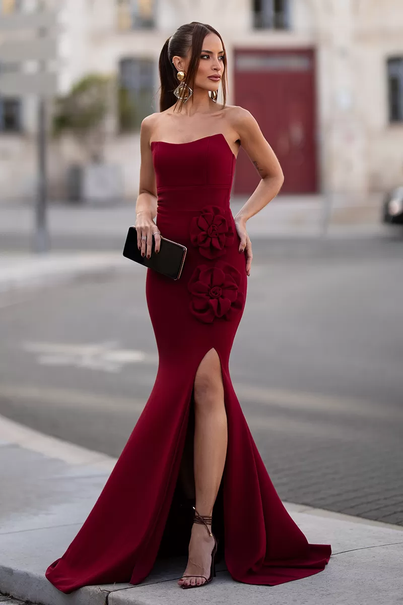 Dot Clothing - TQC Dot Clothing Long Dress With Marsala Flower - 2603MARSALA Dot Clothing - TQC Dot Clothing Long Dress With Marsala Flower - 2603MARSALA