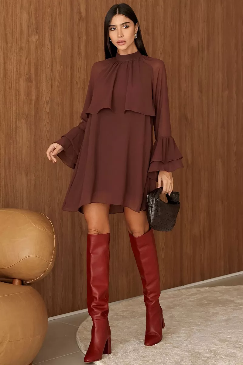 Miss Misses - Eva Dress High Neck Long Sleeve Brown - 54542214 Miss Misses - Eva Dress High Neck Long Sleeve Brown - 54542214