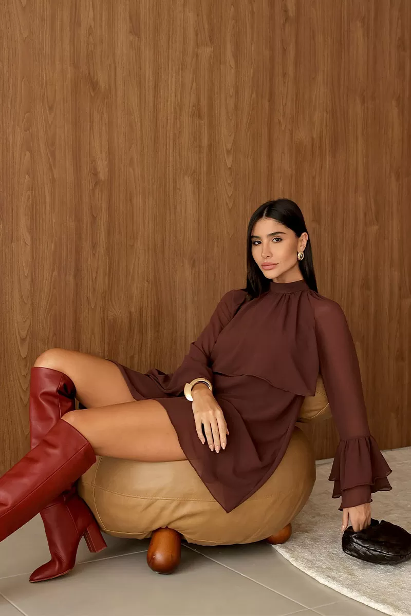 Miss Misses - Eva Dress High Neck Long Sleeve Brown - 54542214 Miss Misses - Eva Dress High Neck Long Sleeve Brown - 54542214