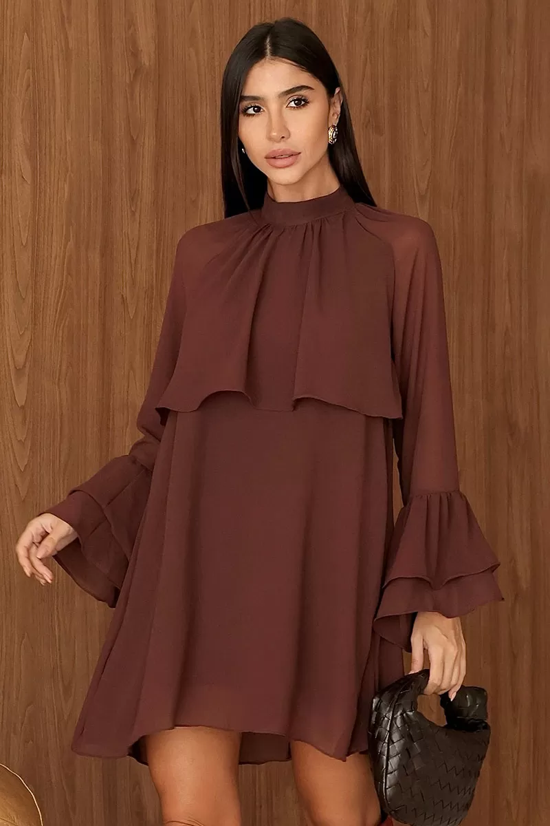Miss Misses - Eva Dress High Neck Long Sleeve Brown - 54542214 Miss Misses - Eva Dress High Neck Long Sleeve Brown - 54542214